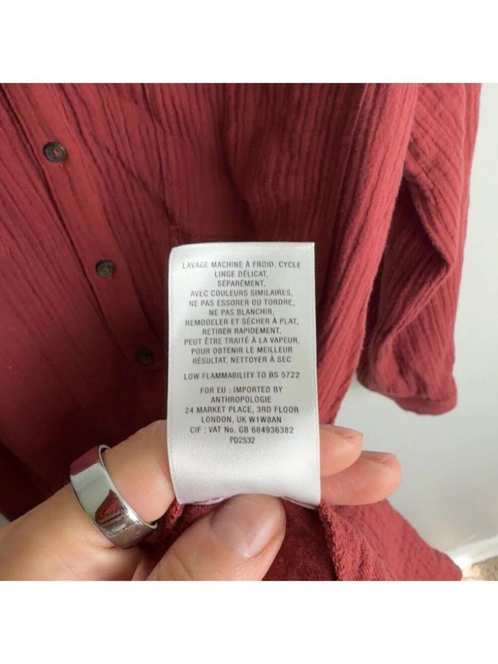 First Monday Red Button-Down Tunic Dress Long Sleeve Ruffled Hem Textured Gauze - Picture 5 of 5